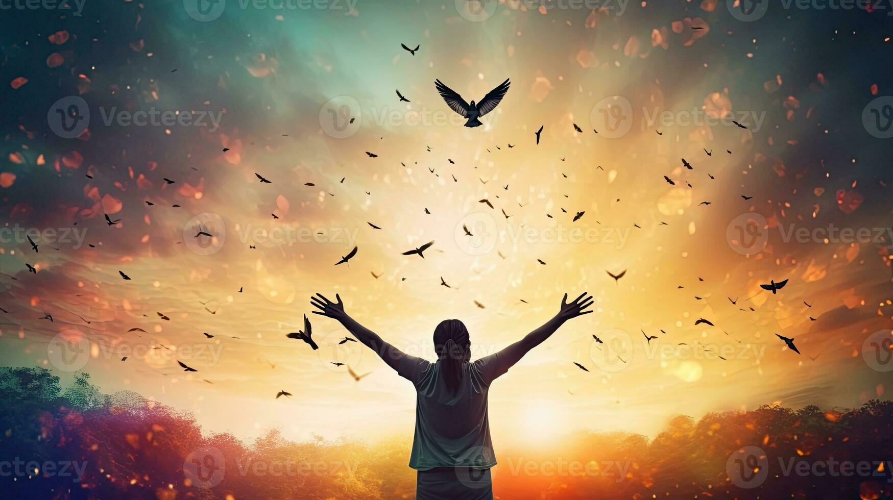homem experiências liberdade e aventura enquanto levantando mãos contra pôr do sol céu com pássaro mosca fundo vintage filtro acrescenta cor e estilo foto