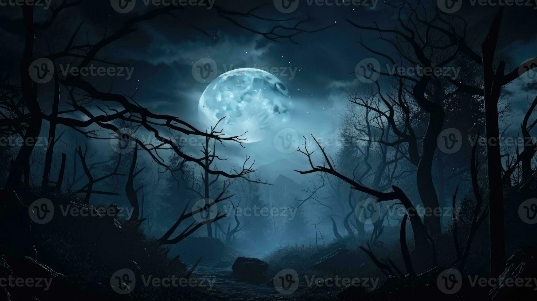 assustador floresta com cheio lua para dia das Bruxas atmosfera foto