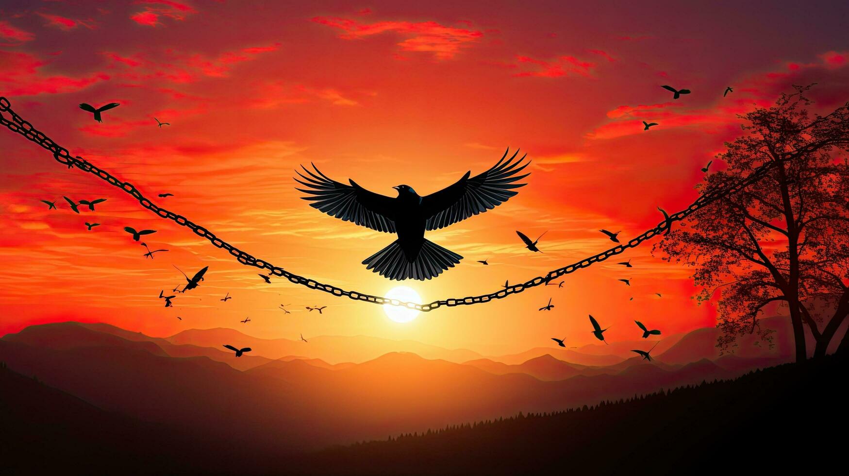 liberdade representado de pássaro vôo e quebrado correntes contra pôr do sol montanha pano de fundo foto