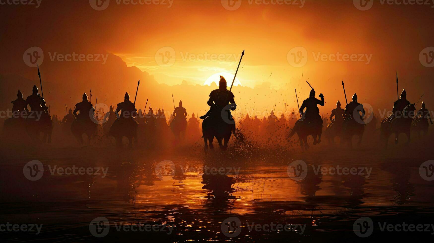 guerreiros em nebuloso pôr do sol fundo brigando dentro uma medieval batalha cena com cavalaria e infantaria foto