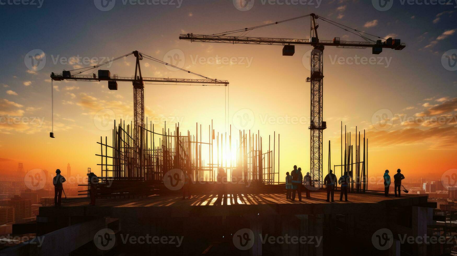 construção guindastes e trabalhadores em uma residencial construção contra uma ensolarado céu cidade habitação construção apartamento quadra foto