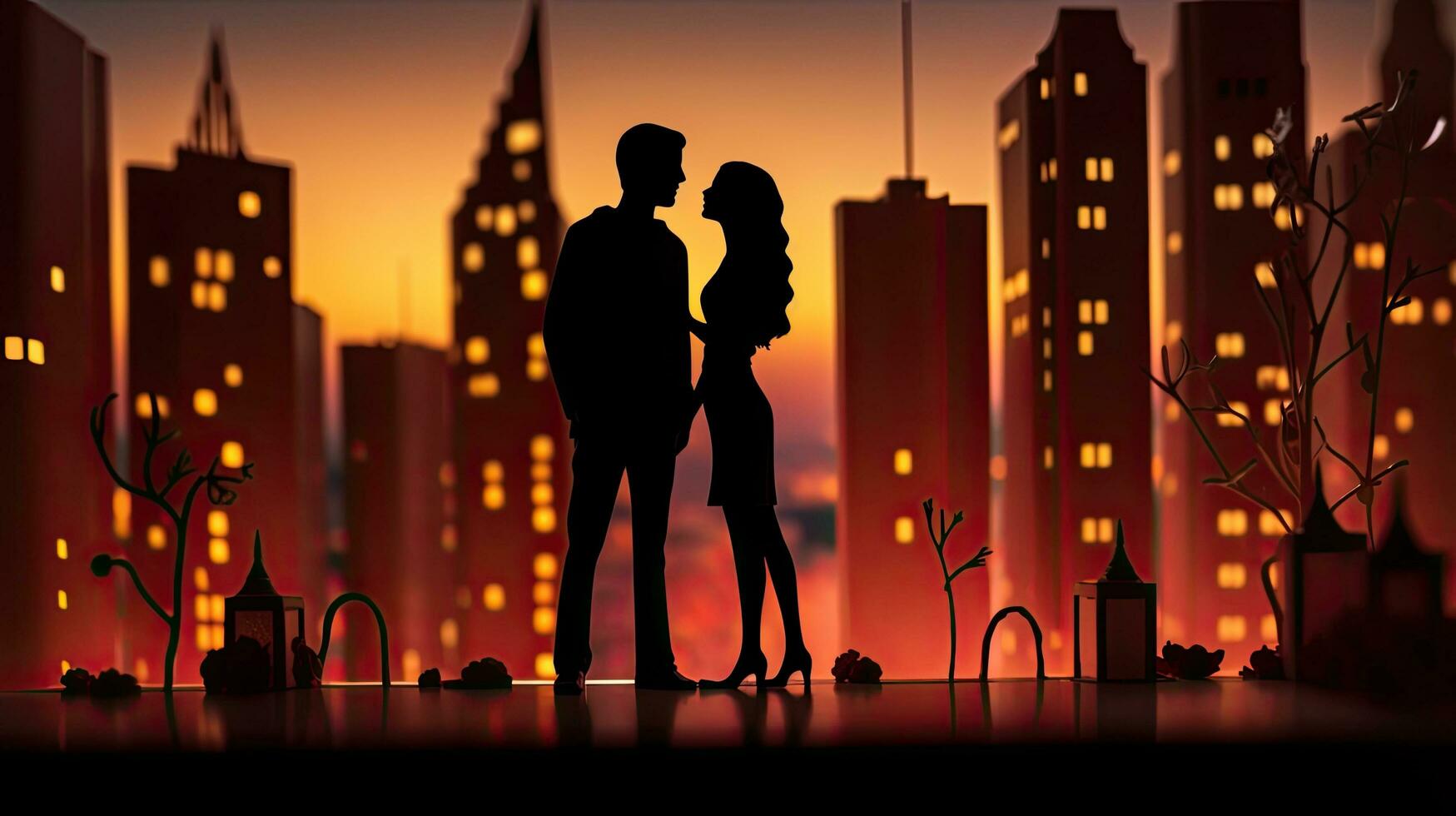 romântico silhuetas dentro frente do uma período noturno paisagem urbana apresentando miniaturas do realista edifícios com luzes dentro uma desenho animado estilo foto