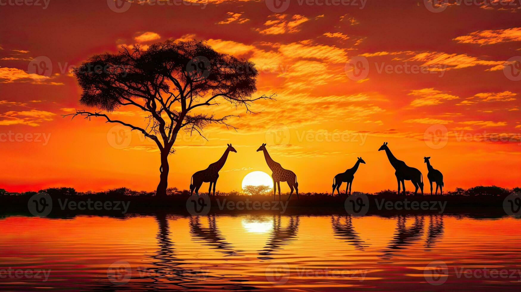 masai mara s típica africano pôr do sol com acácia árvores e uma girafa família recortado contra uma configuração Sol refletido em água foto