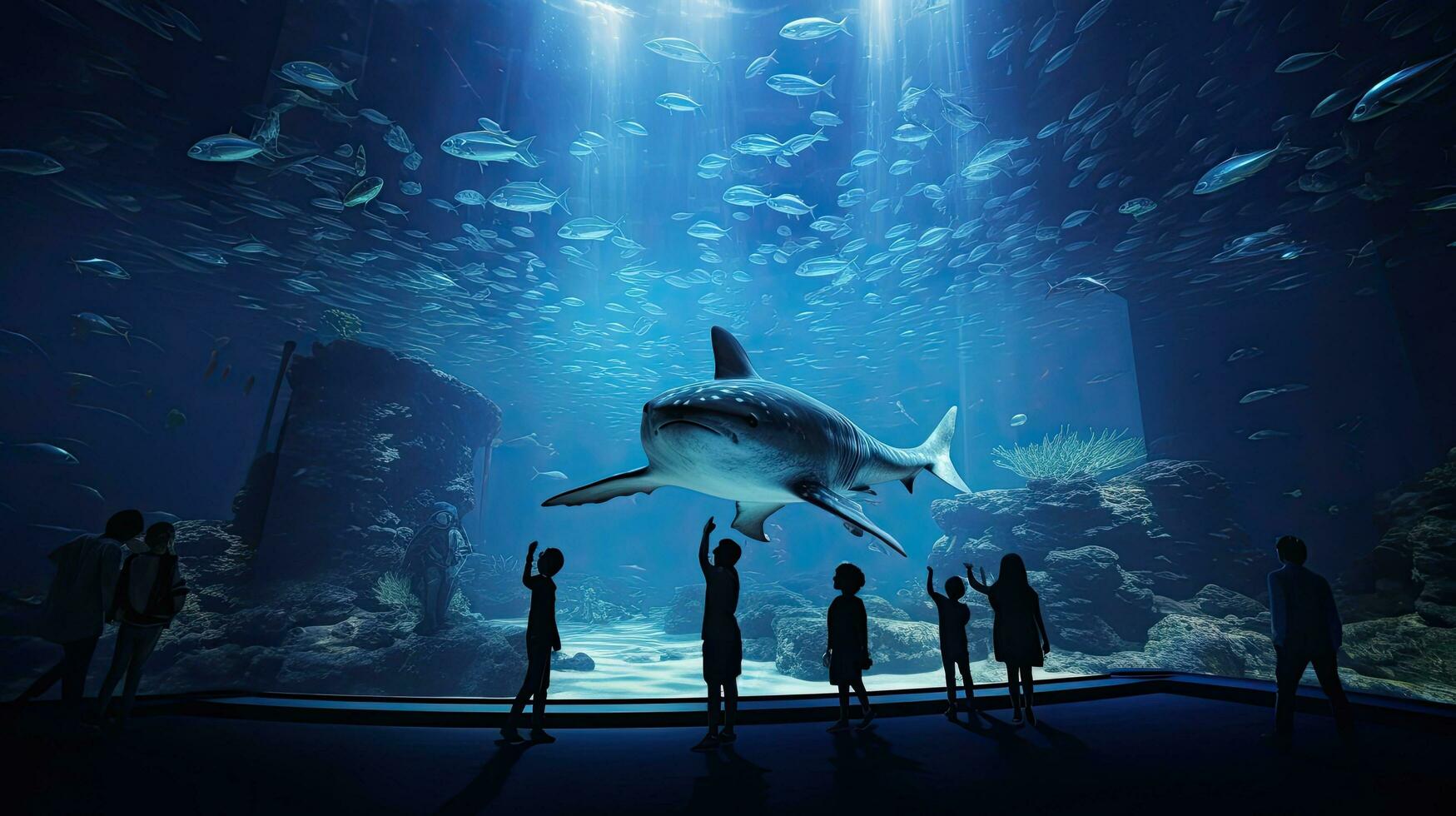 visitantes às aquário Assistir silhuetas do peixe natação Incluindo baleia Tubarão foto