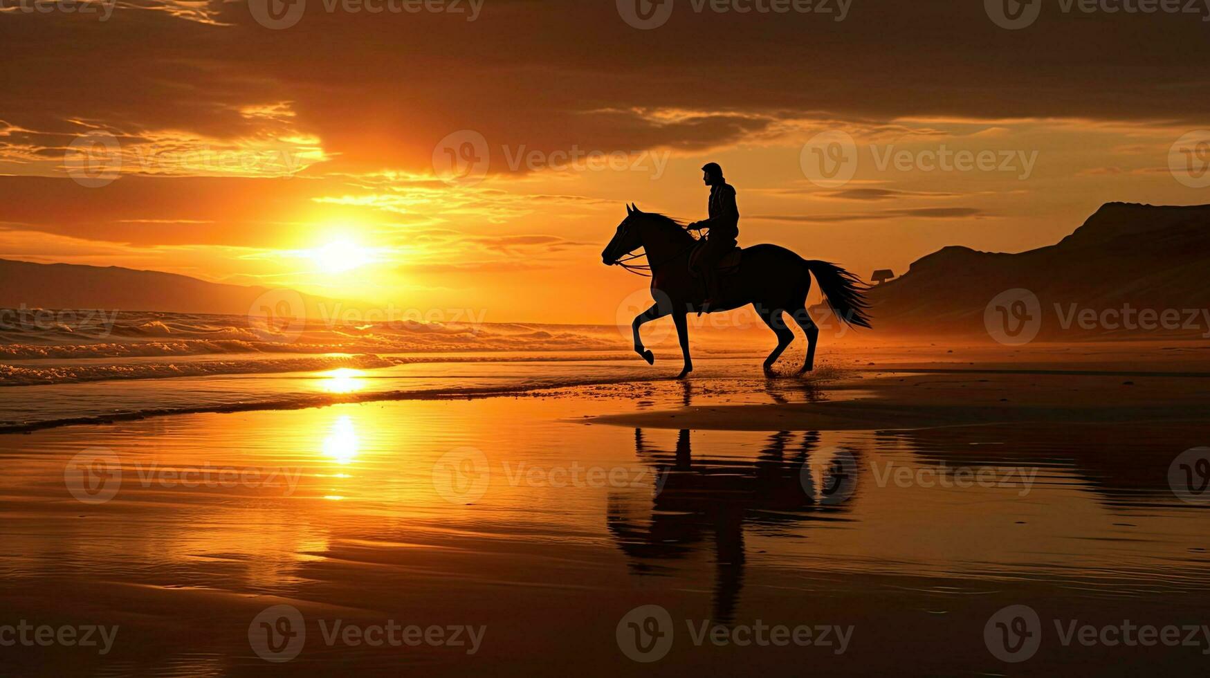 cavalo e cavaleiro galope em joanete de praia às Kerry pôr do sol dentro Irlanda foto