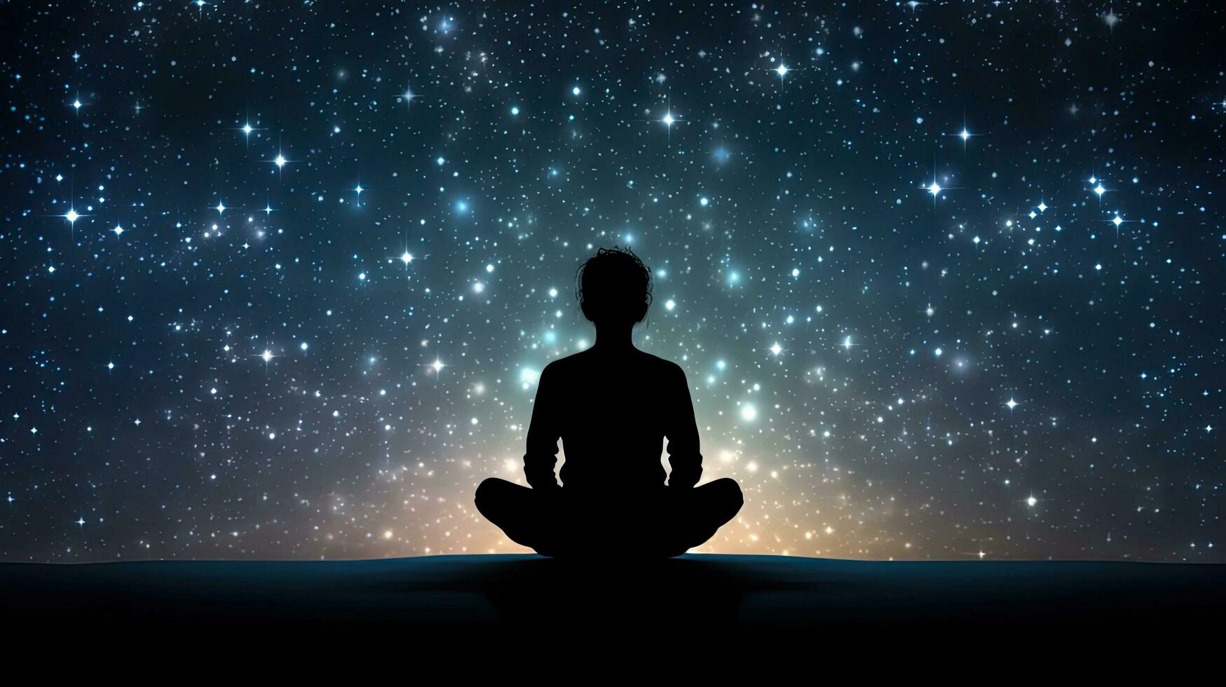 humano silhueta sentado em meio a estrelado fundo absorta dentro ioga meditação para relaxamento e psicológico bem ser foto