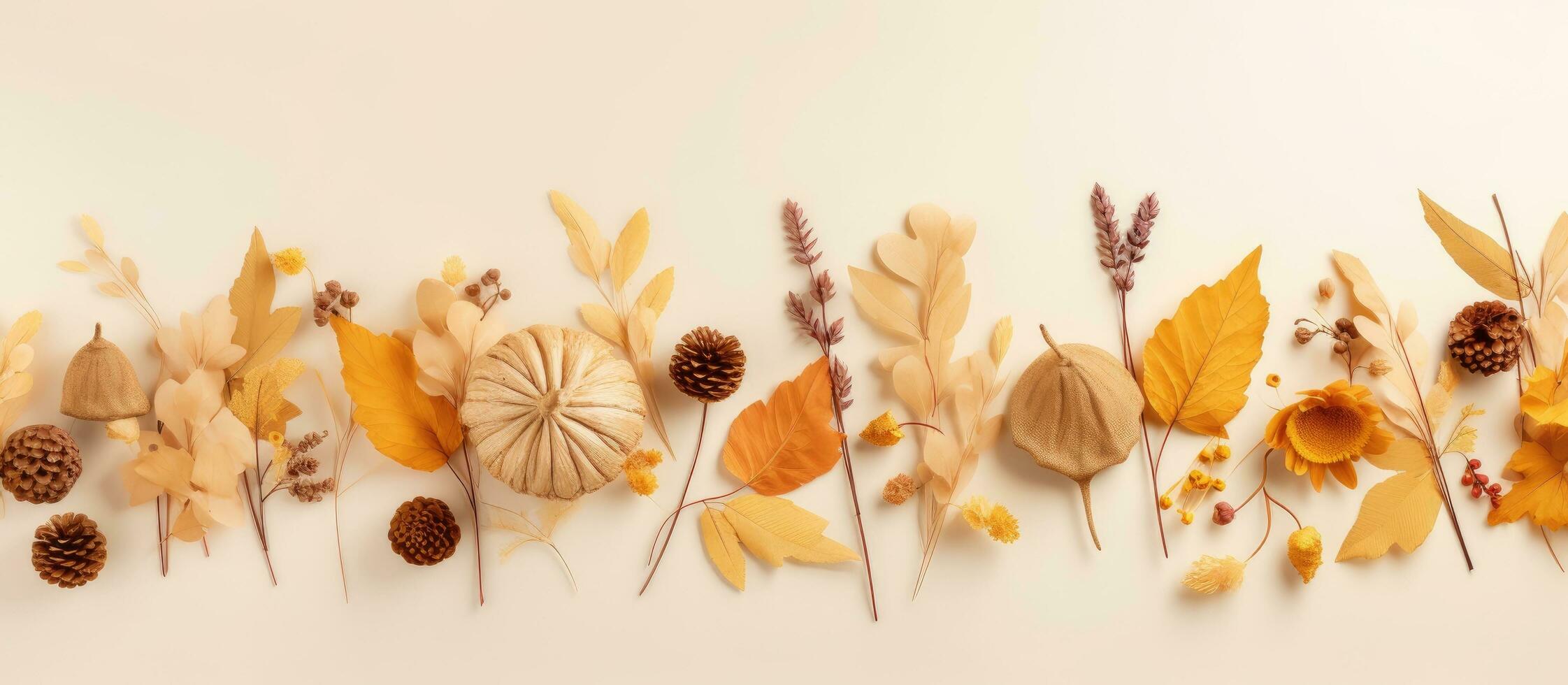 outono temático bandeira com seco folhas e flores em uma bege fundo plano deitar topo Visão cópia de espaço foto