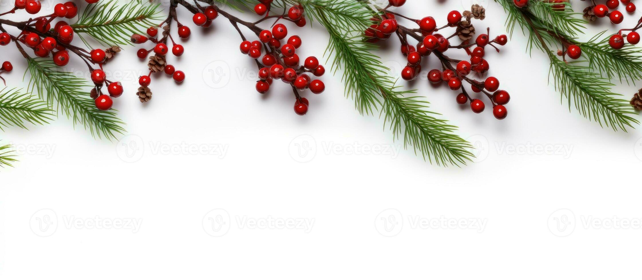Natal flatlay com abeto galhos vermelho bagas e branco fundo espaço para texto foto