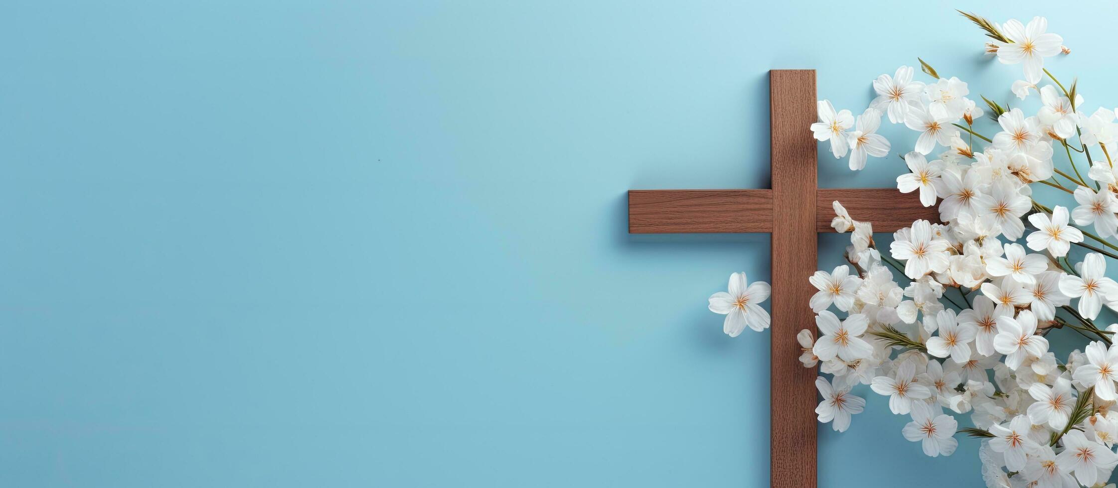 religioso temático plano deitar apresentando uma de madeira Cruz e Primavera flores em uma azul fundo foto