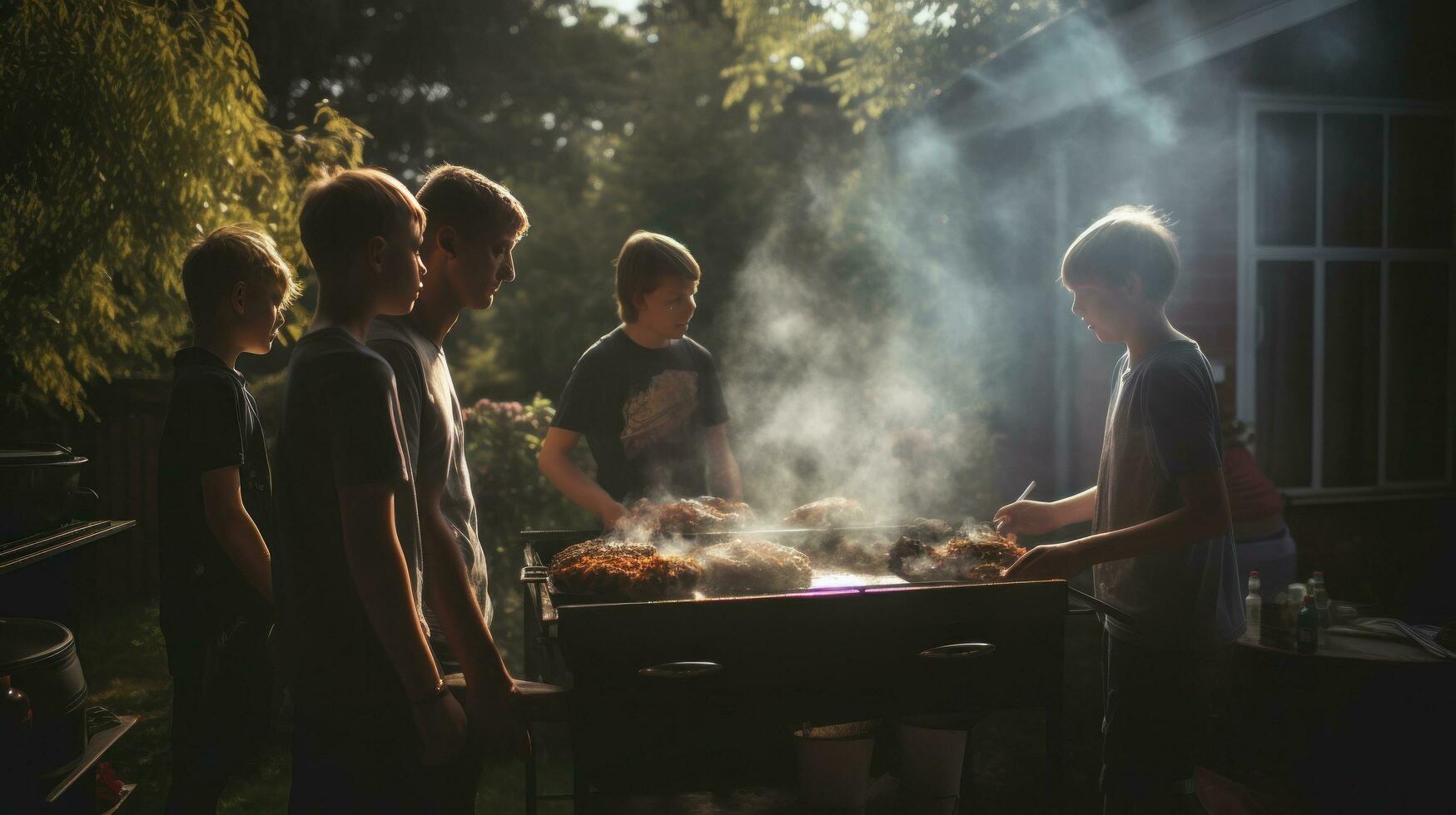 jovem família é grelhar às a churrasco foto