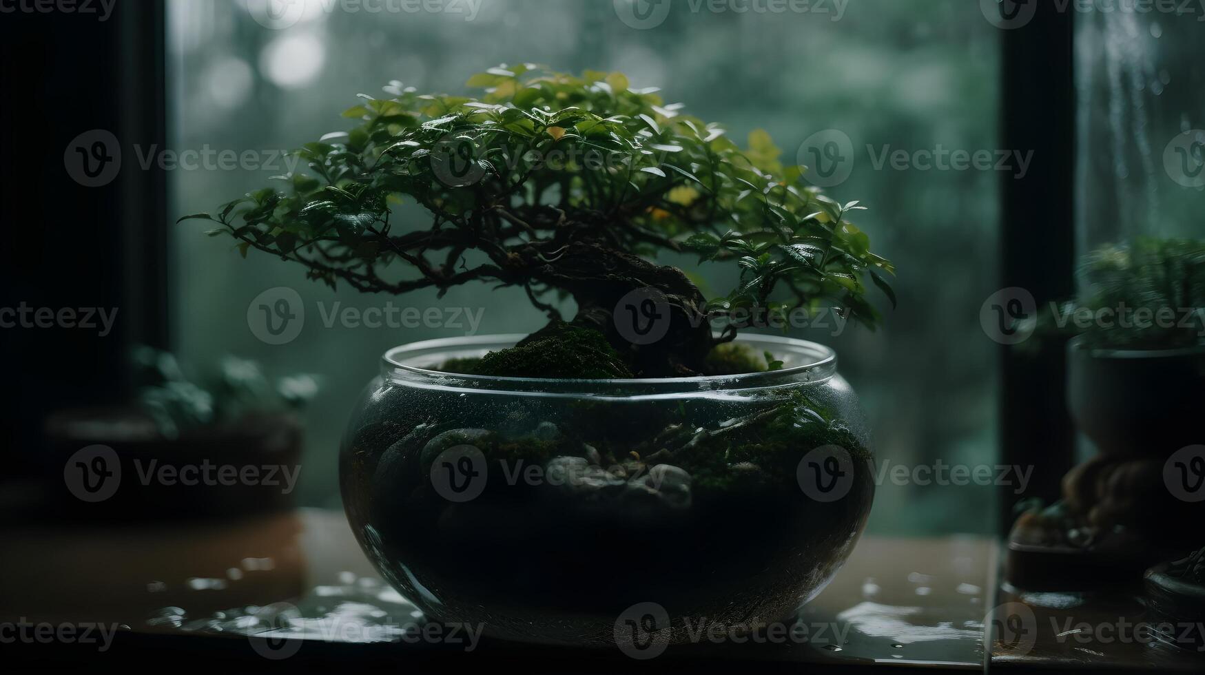 lindo bonsai plantar dentro uma terrário exibição dentro uma molhado vidro aquário interior, chuva lado de fora do a sala. ai gerado foto