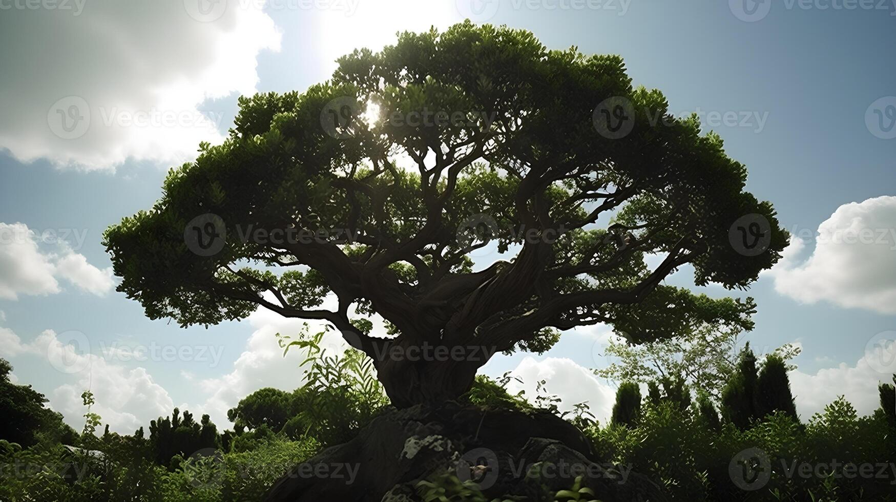 uma grande velho árvore com lindo nublado céu verde e exuberante dentro a selvagem natureza. ai gerado foto