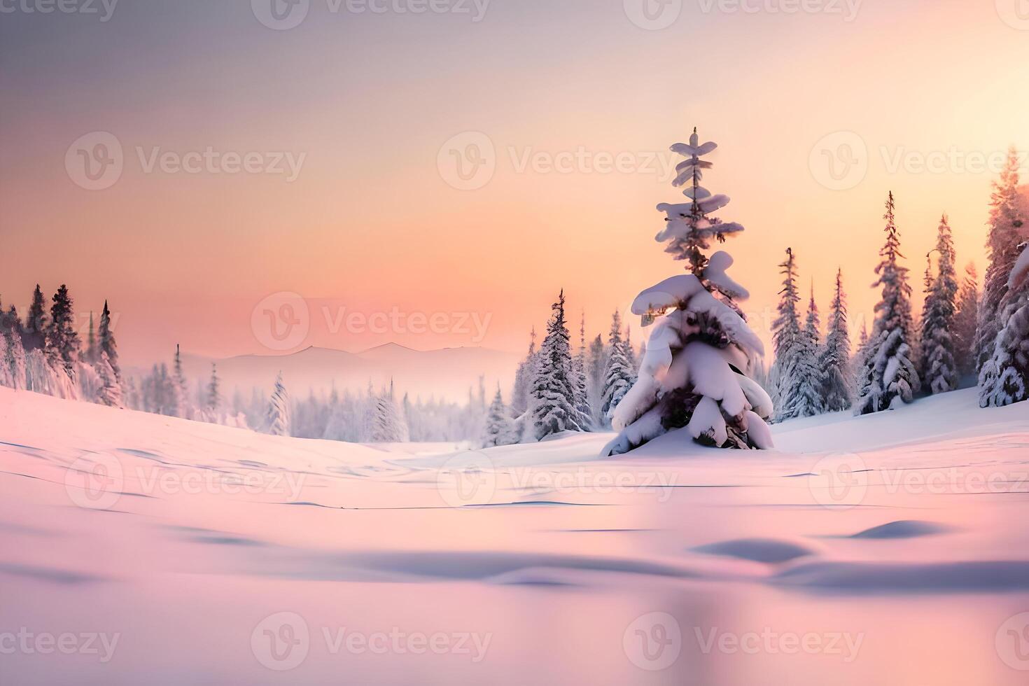 panorama do inverno Nevado campo com pinho floresta dentro a certo e esquerda, a tiro ocupado a partir de a superfície terra nível, Claro céu dentro a tarde. ai gerado foto