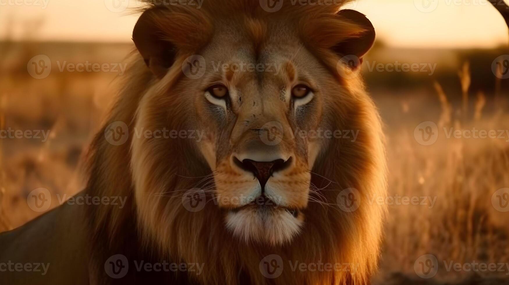 fechar acima retrato feroz carnívoro masculino leão olhar fixamente ou olhando em linha reta às a Câmera às a savana deserto fundo. ai gerado foto