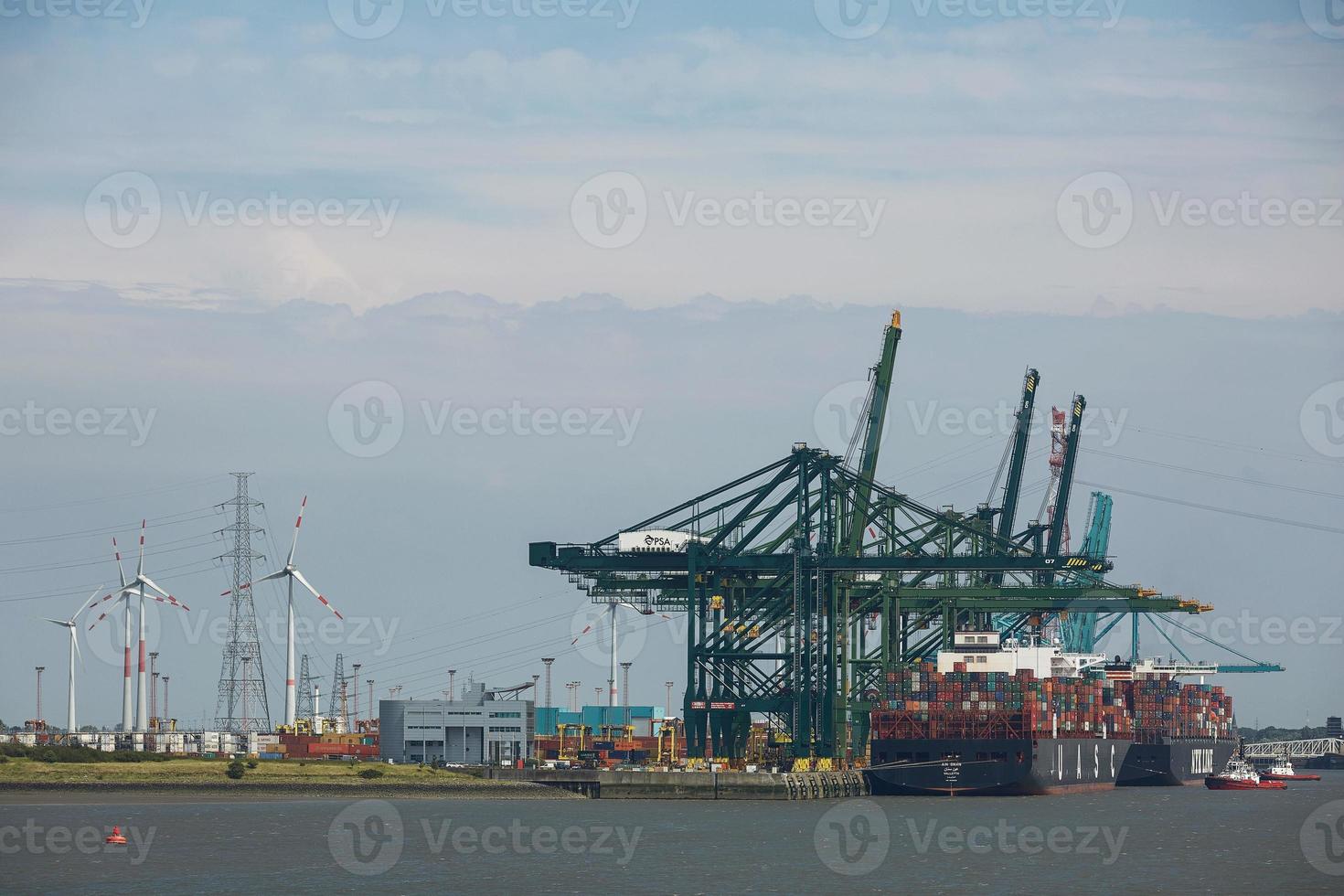 guindastes do porto descarregando contêineres de navios em Antuérpia, Bélgica foto