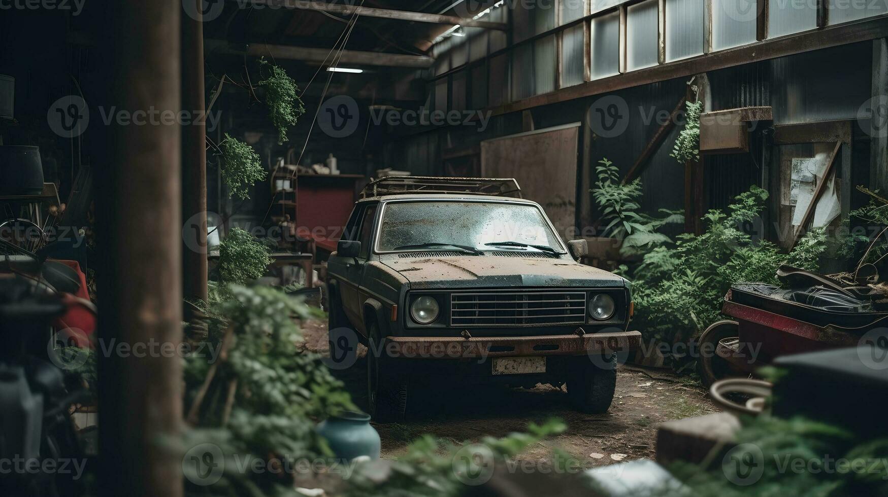 a velho oxidado abandonado clássico carro dentro uma velho galpão cheio com ervas daninhas e videiras. ai gerado foto