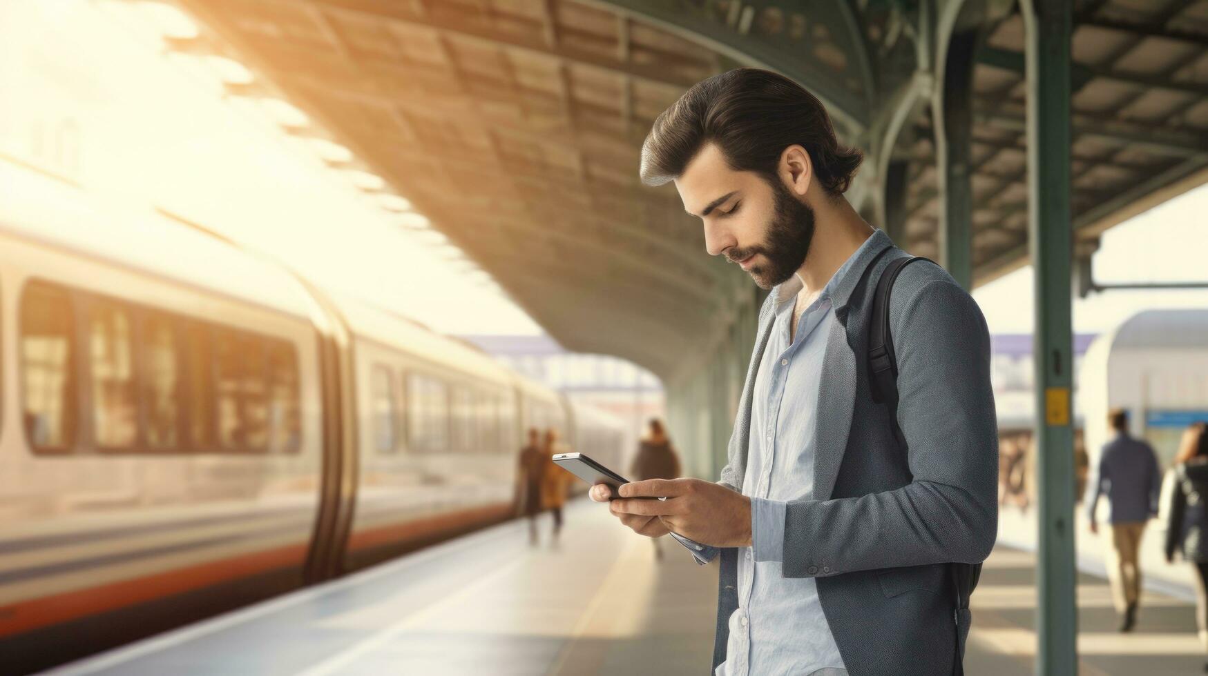 feliz jovem homem com Smartphone dentro metrô foto