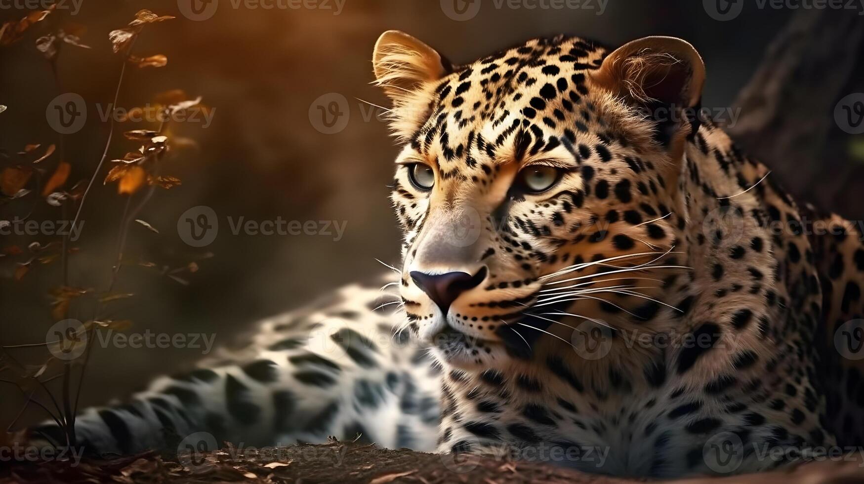 feroz carnívoro leopardo sentar e relaxado e olhar fixamente às alguma coisa com natureza fundo. ai gerado foto