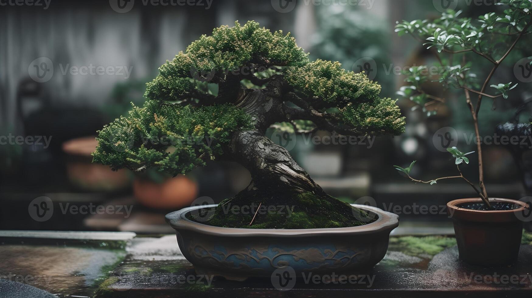 lindo bonsai plantar exibição dentro uma cerâmico Panela interior. ai gerado foto