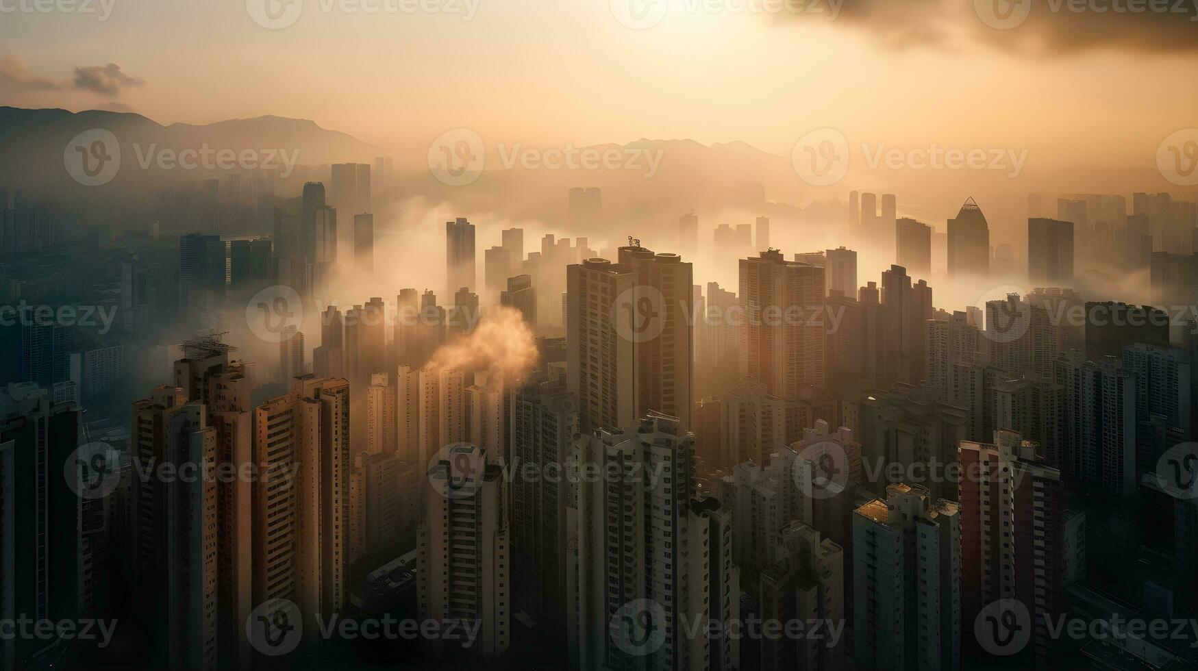 misterioso urbano Horizonte às alvorecer, com névoa, arranha-céus, e panorâmico paisagem urbana. ai gerado foto