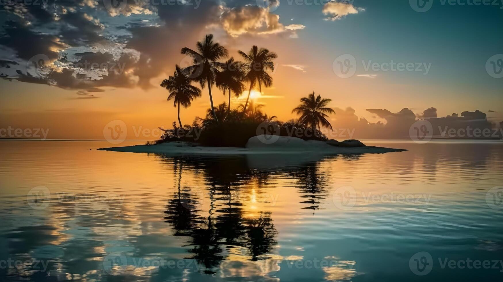 tranquilo pôr do sol cena sobre tropical de praia dentro a ilha com Palma árvores e calma mar, refletindo nuvens. ai gerado foto