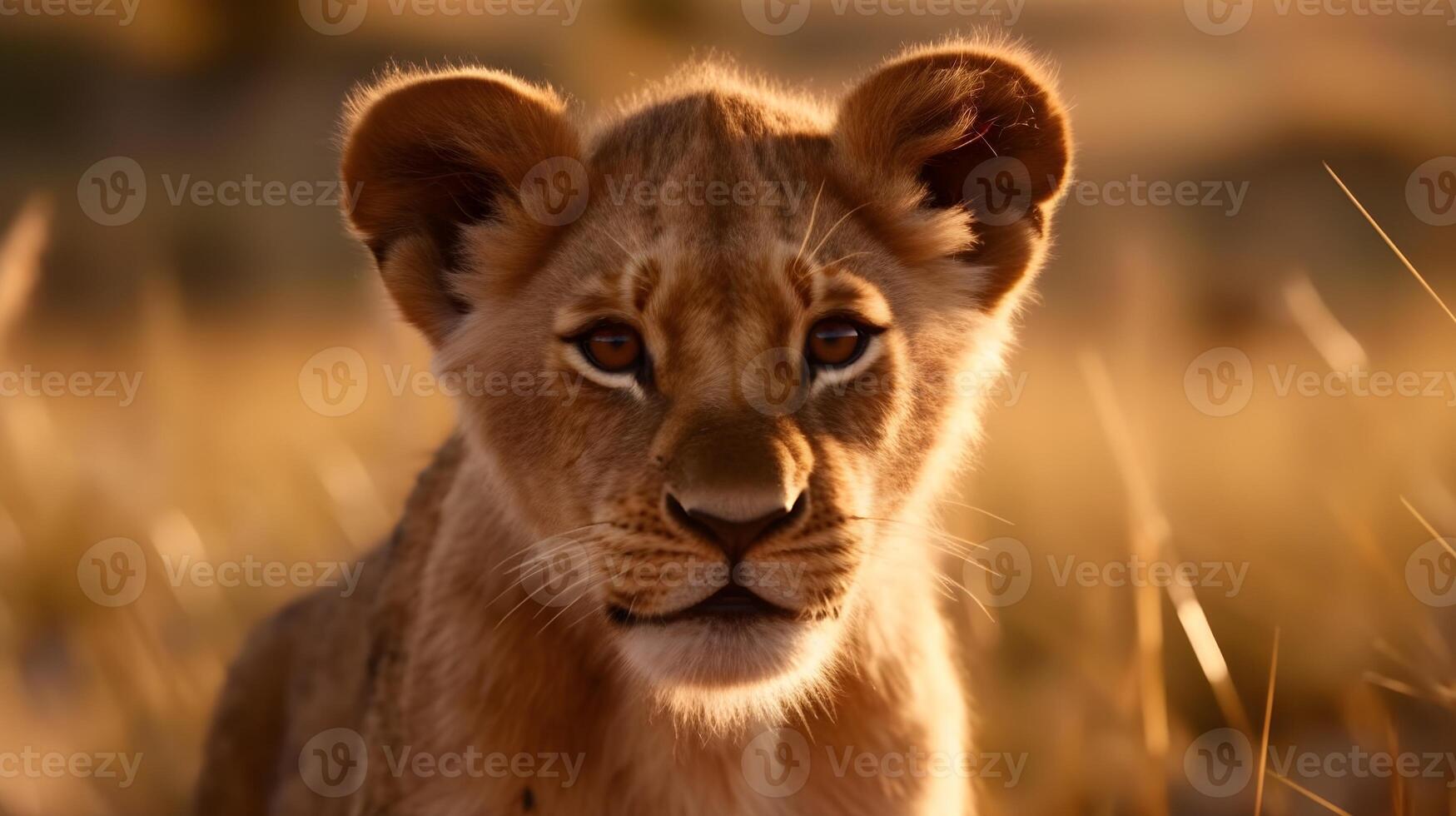 fechar acima retrato jovem leão ou bebê leão, olhar fixamente ou olhando às a Câmera às a savana deserto fundo. ai gerado foto