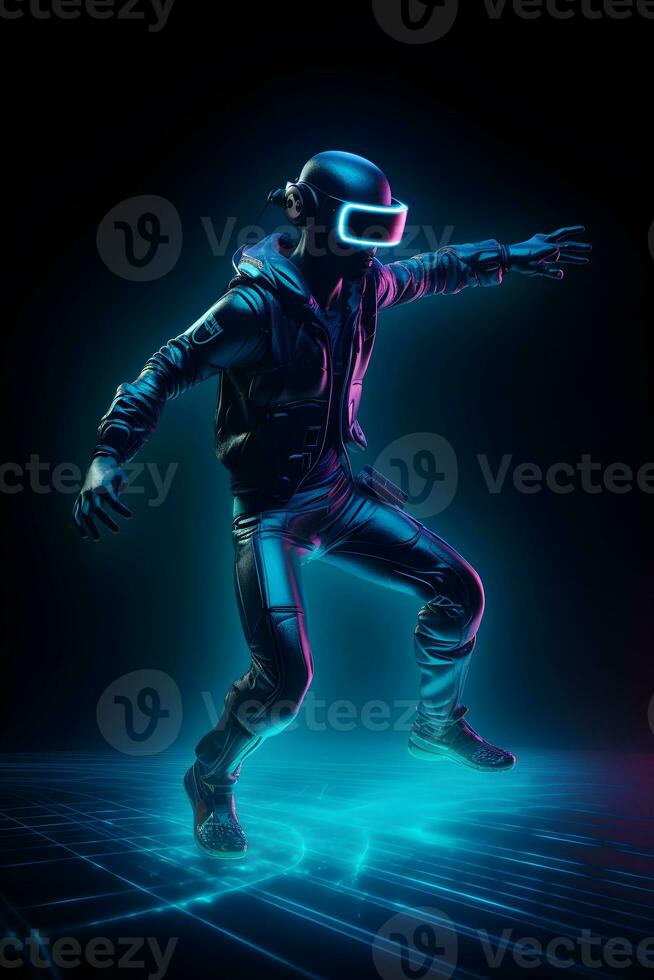 jogador homem vestindo virtual óculos em azul néon fundo , generativo ai foto