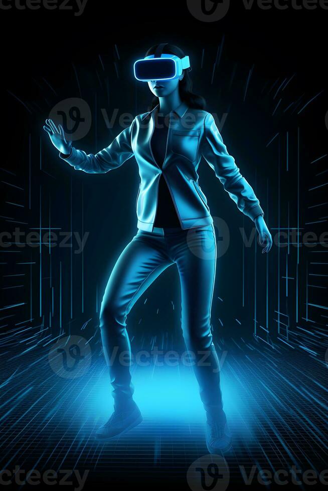 dançando jogador pessoa vestindo virtual óculos em azul néon fundo , generativo ai foto