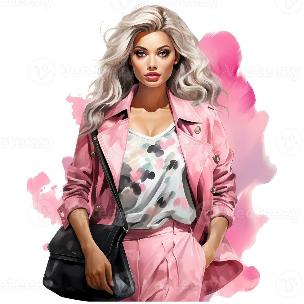 Barbie moda, lindo Loiras mulher dentro uma retrato vestindo uma Rosa na moda equipamento ai generativo foto