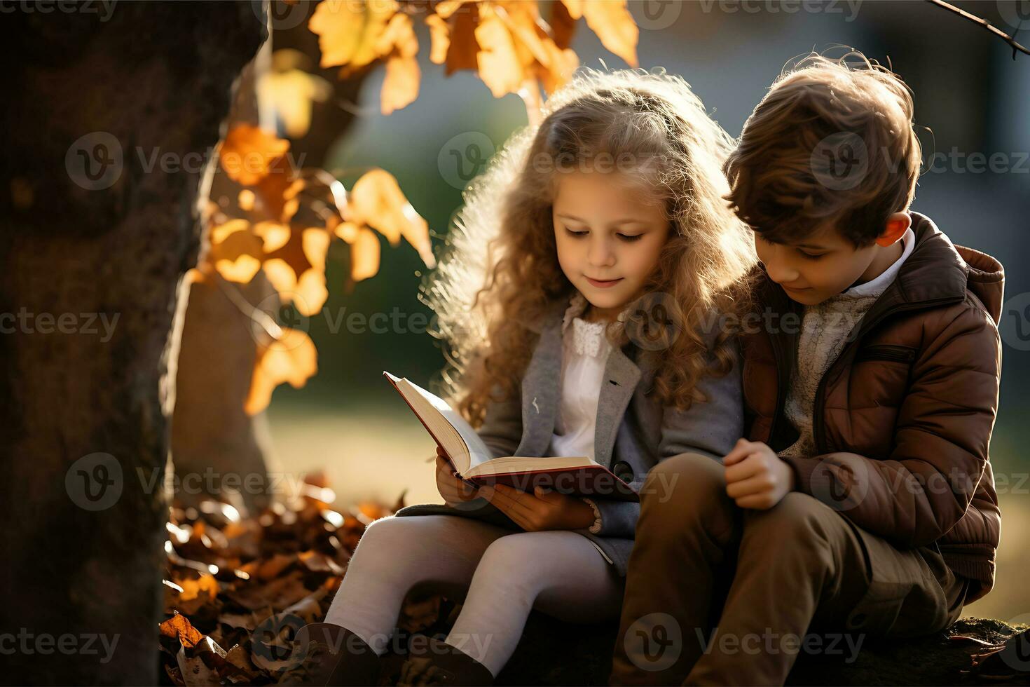 uma criança é lendo uma livro dentro outono parque. fofa crianças tendo Diversão ao ar livre ai generativo foto