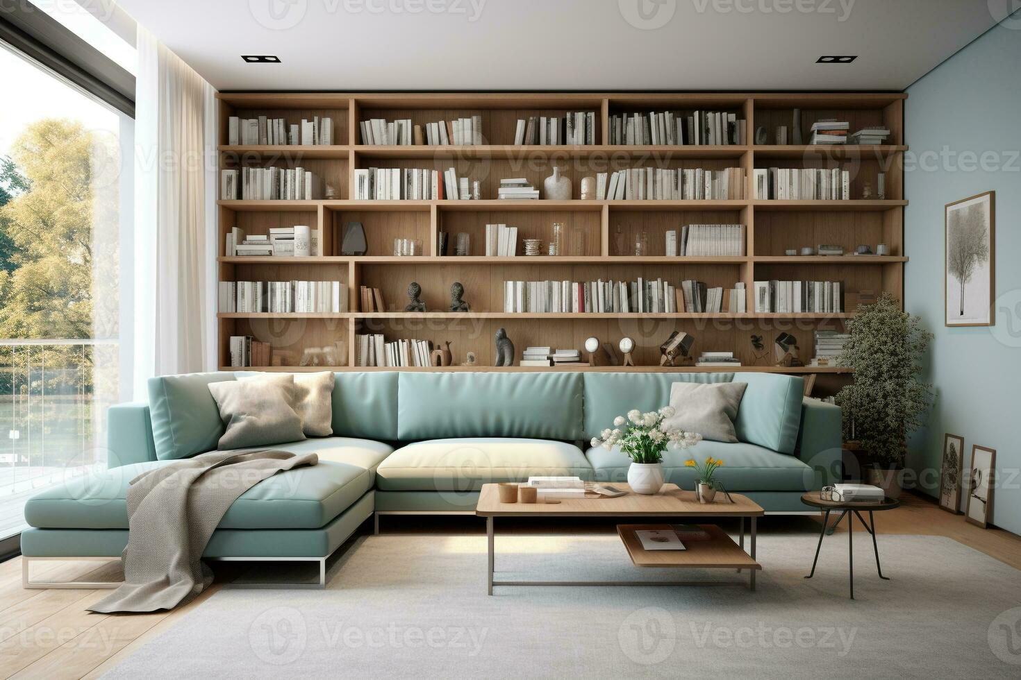 moderno vivo quarto interior com aqua sofá e estante de livros .generativo ai foto