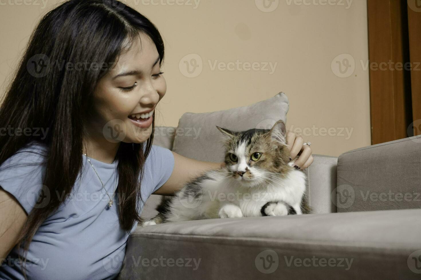 bonita ásia mulher abraço uma gato e sentar em sofá com feliz emoção. adorável doméstico animal conceito. foto