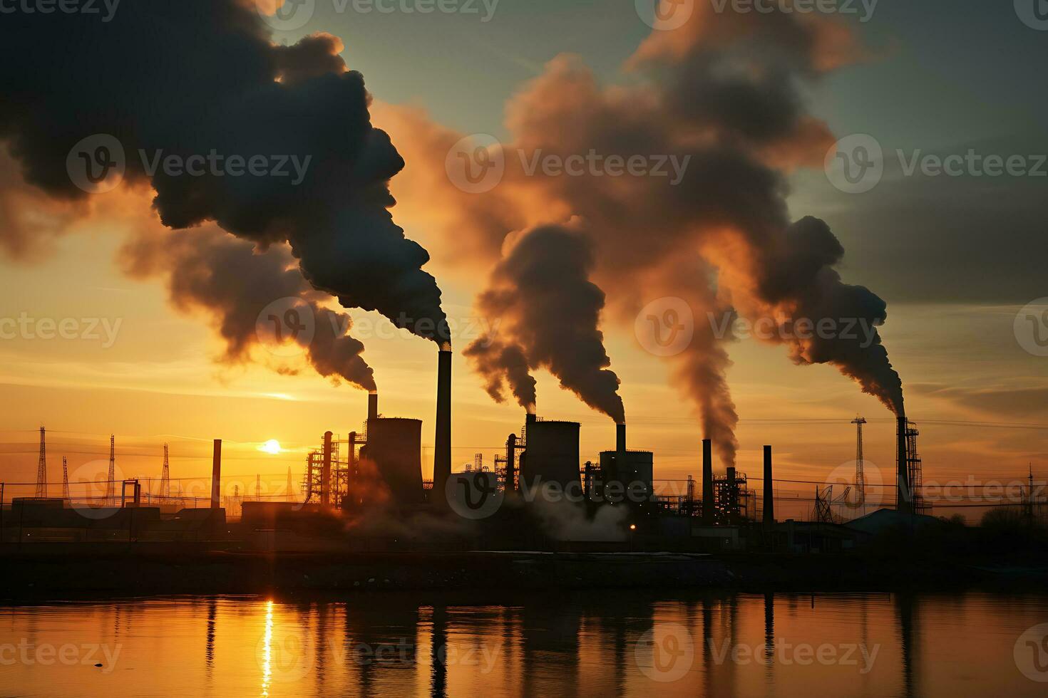 emissão para atmosfera a partir de industrial fábrica chaminé. carvão disparamos poder estação silhueta às pôr do sol. ai gerado. foto