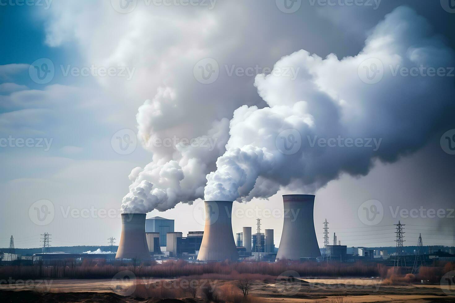 a chaminés do uma poder estação com enorme fumaça chaminé emissão. ai gerado. foto