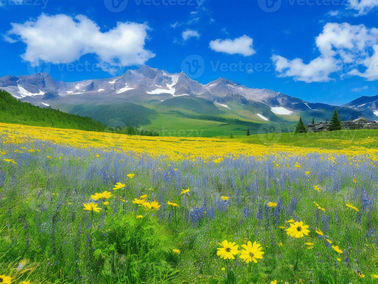 flores silvestres dentro uma Prado com montanhas dentro a fundo ai gerado foto