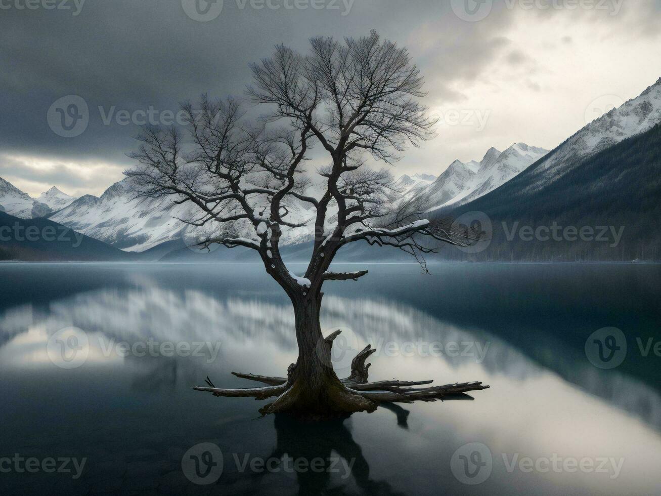 uma solitário árvore carrinhos em a costa do uma lago com montanhas dentro a fundo ai gerado foto