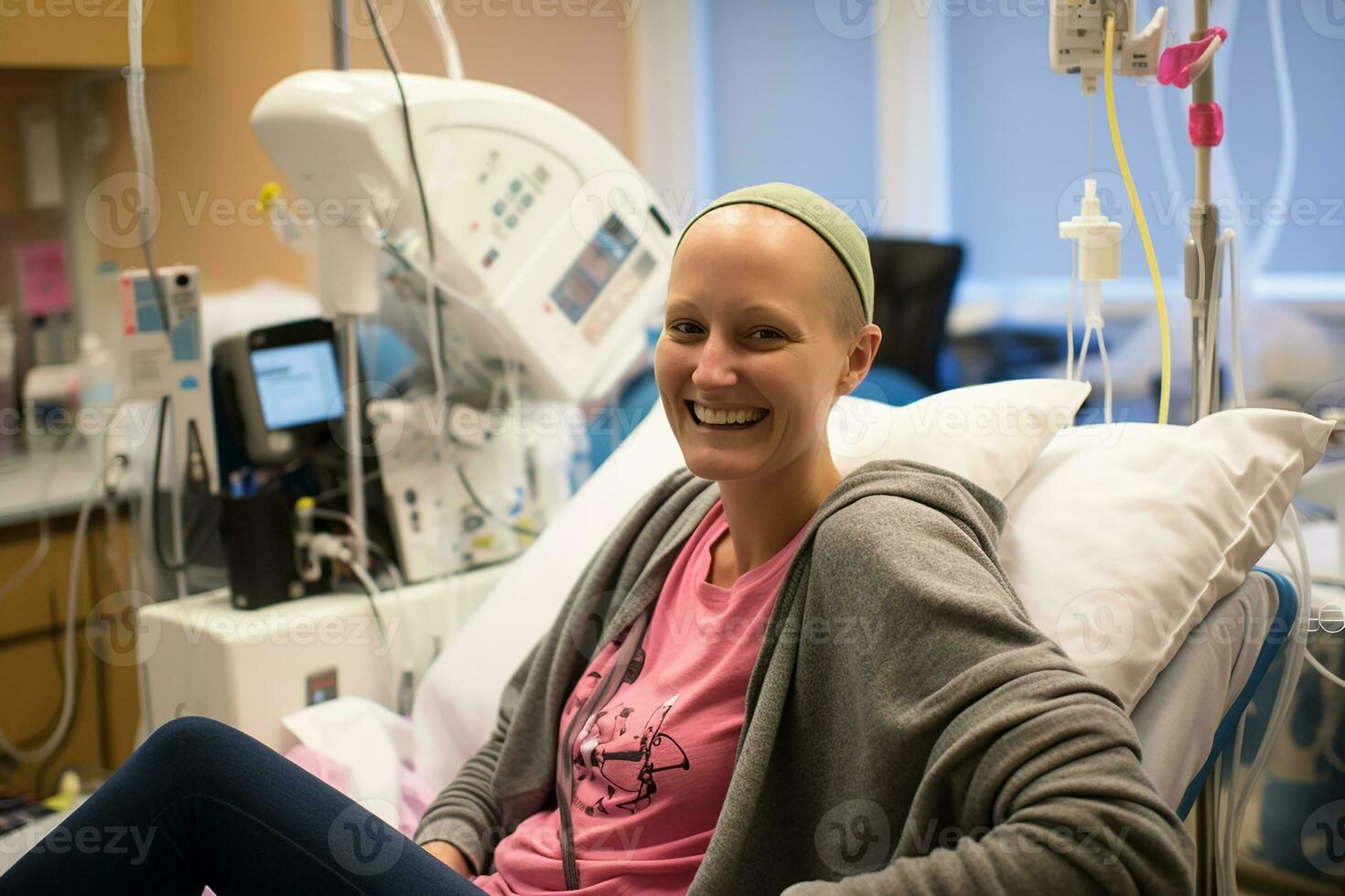 foto do Câncer paciente é sorridente dentro a tratamento sala. generativo ai