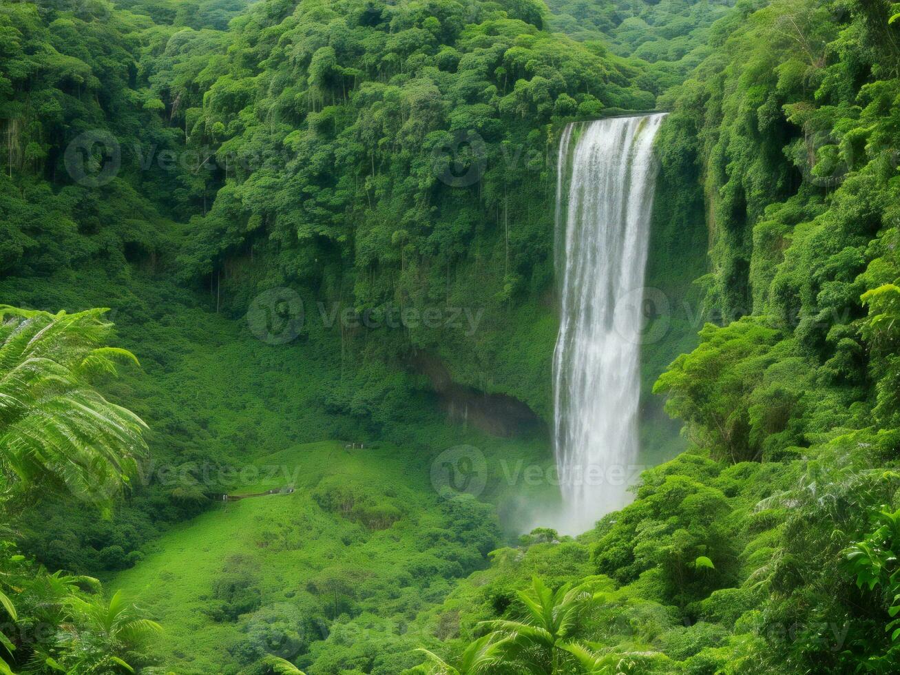 uma cascata dentro a selva cercado de exuberante verde vegetação ai gerado foto