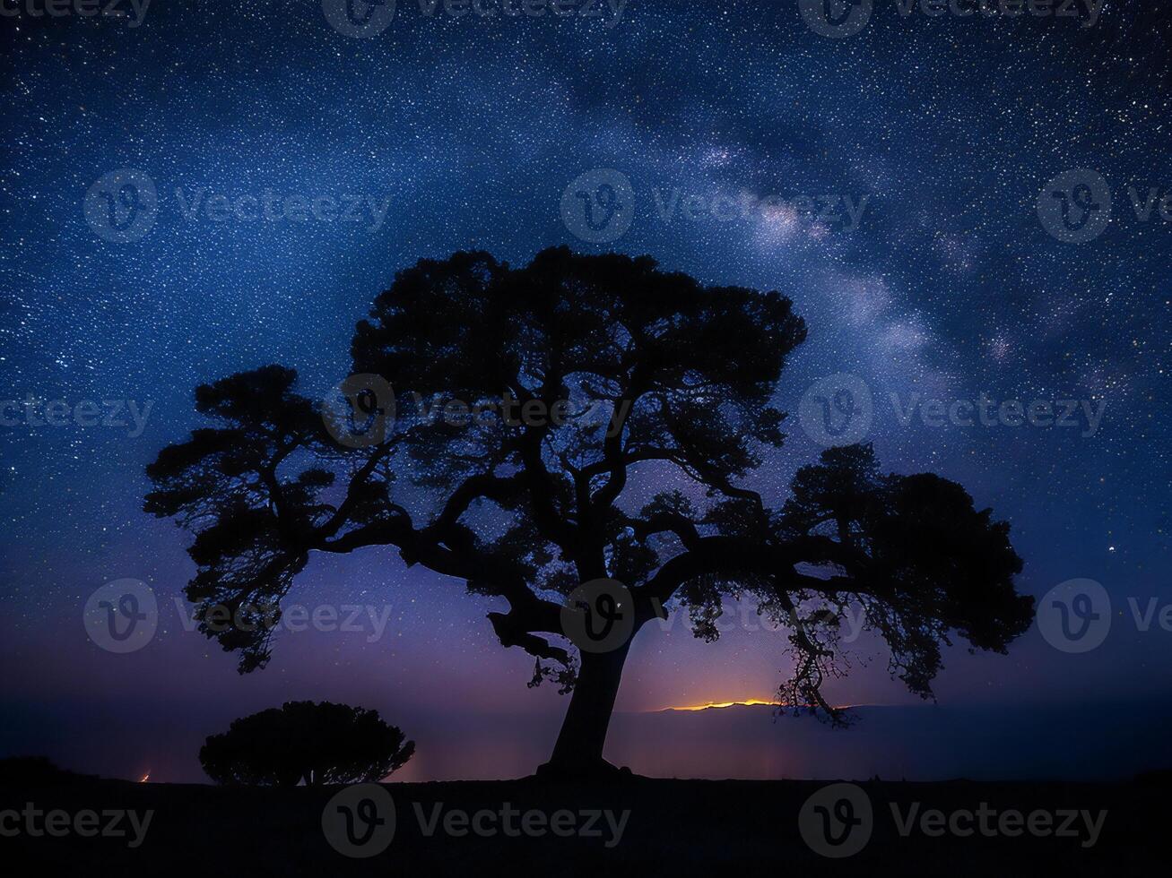 uma majestoso árvore recortado contra uma pano de fundo do a grande noite céu preenchidas com estrelas ai gerado foto