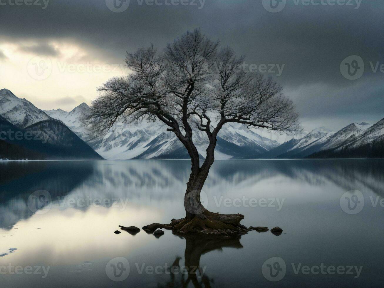 uma solitário árvore carrinhos em a costa do uma lago com montanhas dentro a fundo ai gerado foto