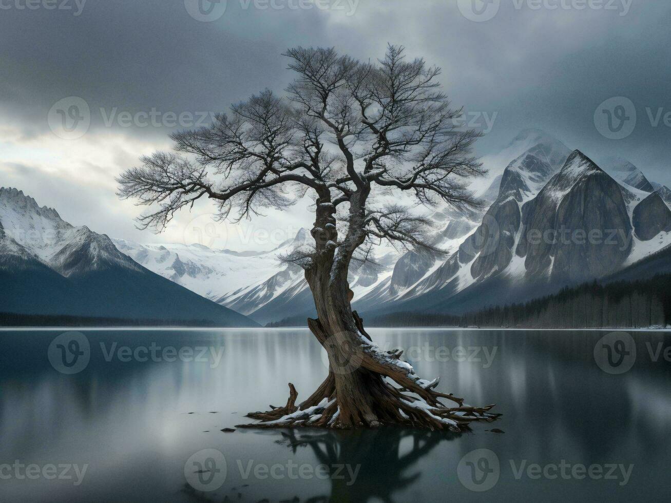 uma solitário árvore carrinhos em a costa do uma lago com montanhas dentro a fundo ai gerado foto