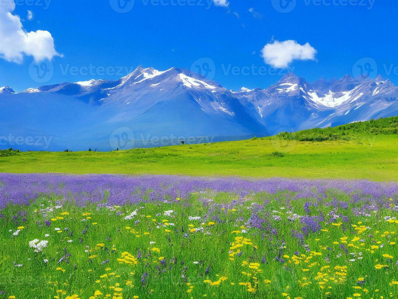 flores silvestres dentro uma Prado com montanhas dentro a fundo ai gerado foto