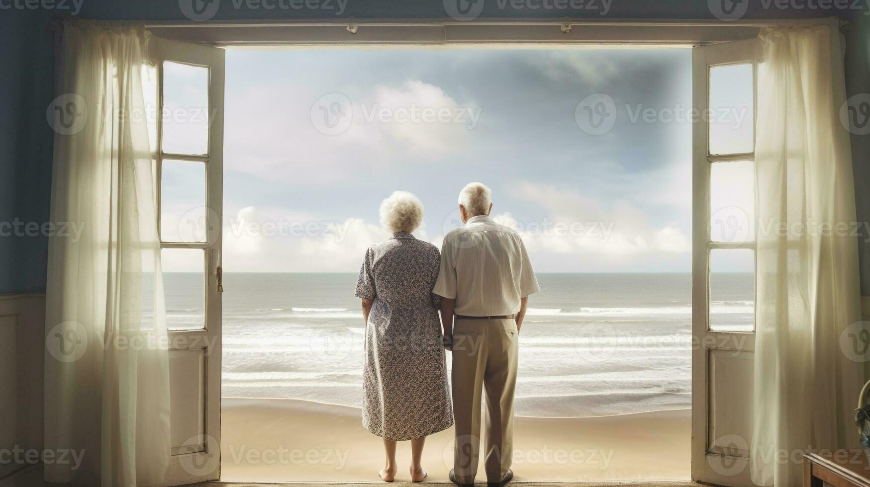 generativo ai, uma Senior casal olhando para a oceano ou mar, tendo Diversão às a de praia foto