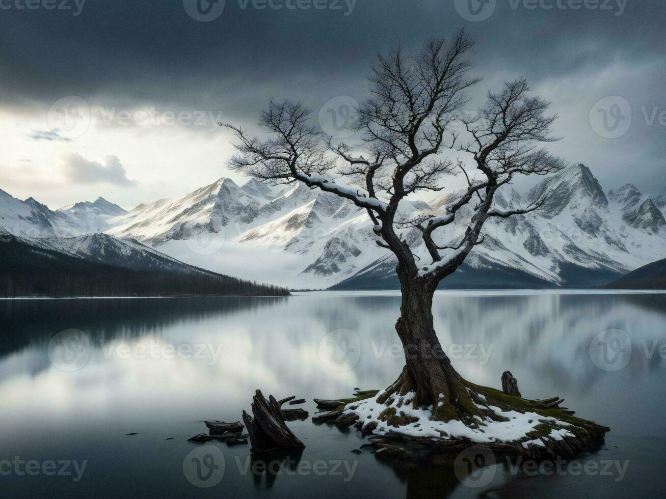 uma solitário árvore carrinhos em a costa do uma lago com montanhas dentro a fundo ai gerado foto