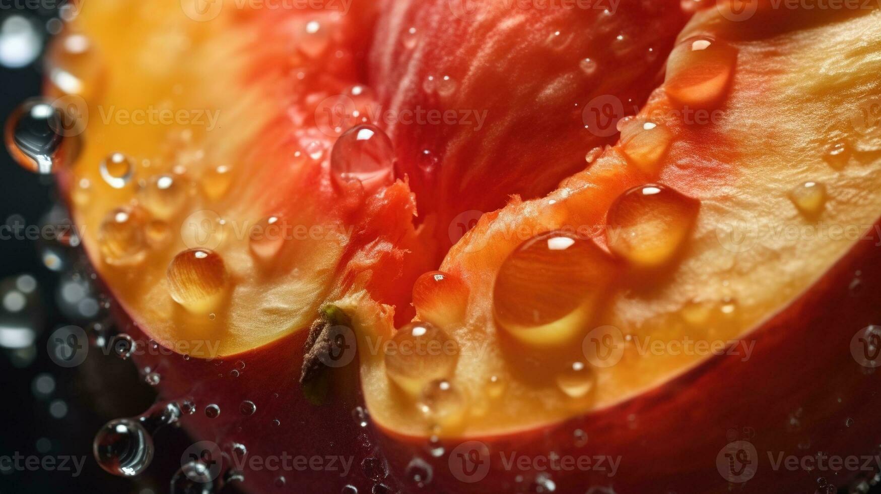 generativo ai, brilhante fatia do suculento maduro pêssego e água gotas, macro do verão fruta foto