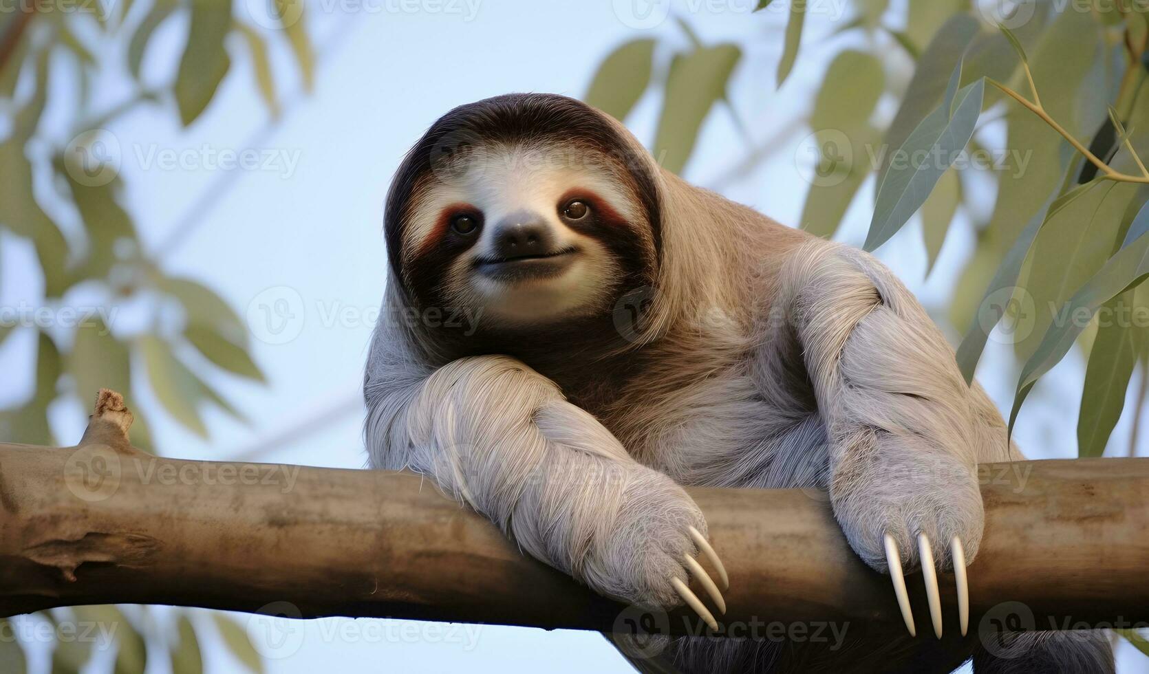 sorridente bicho-preguiça animal deitado em a ramo dentro a selva. foto