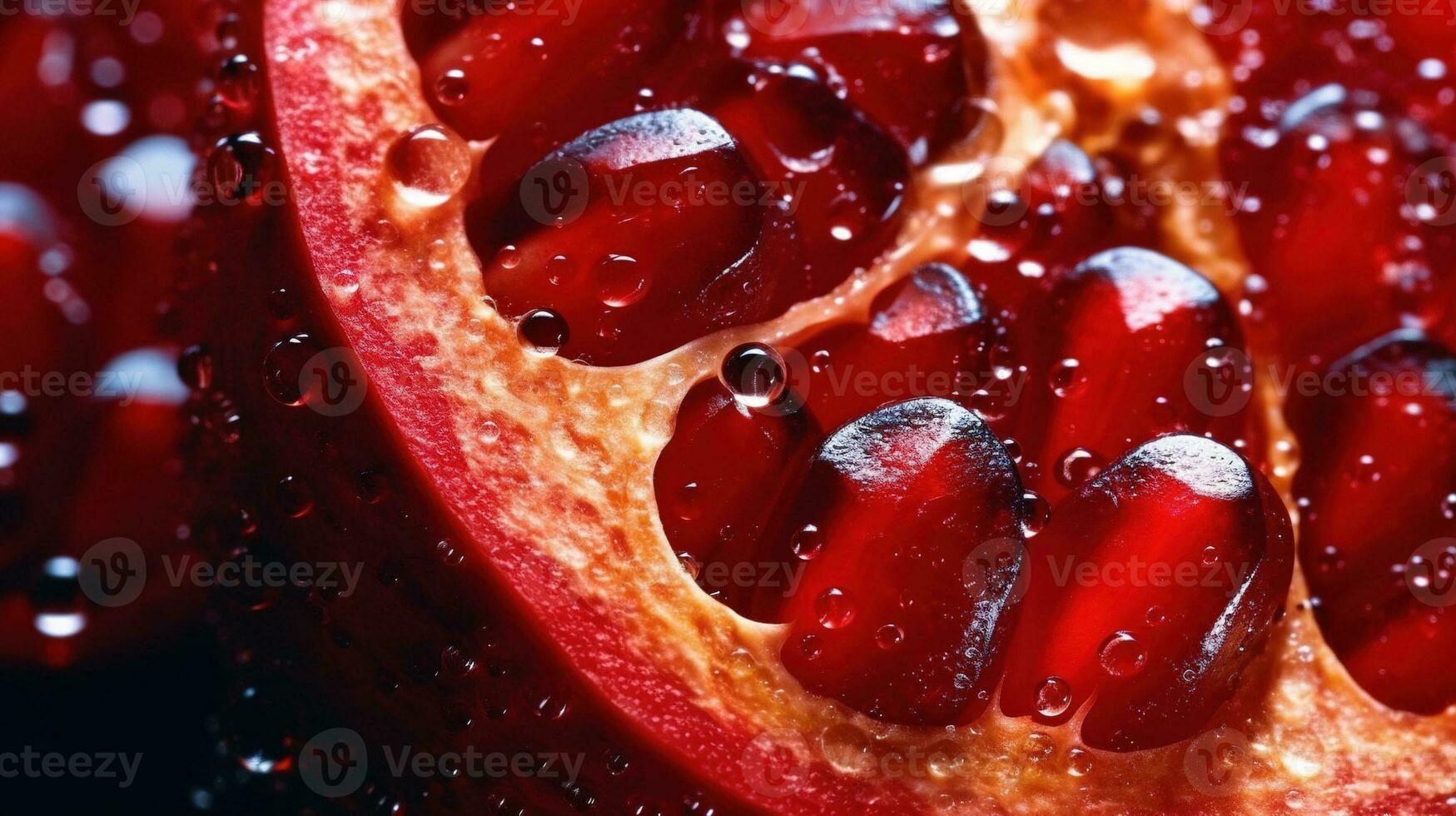 generativo ai, macro fresco suculento metade do romã fruta com gotas do água fundo. fechar-se foto