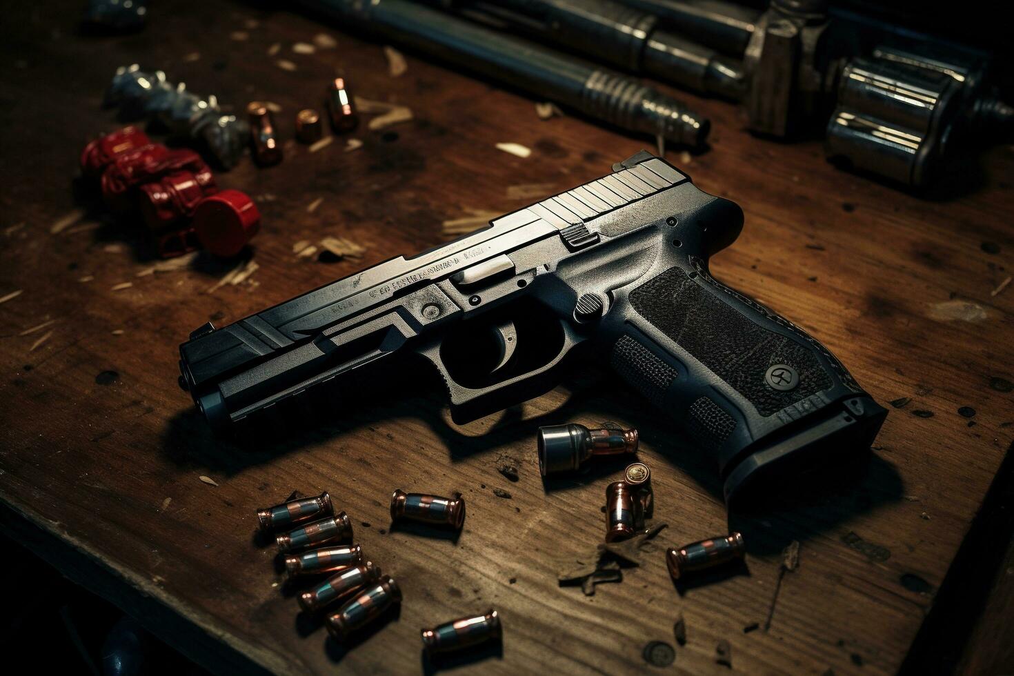 generativo ai, revólver arma de fogo com balas isolado em de madeira fundo, mão arma de fogo com munição, pistola militares arma foto