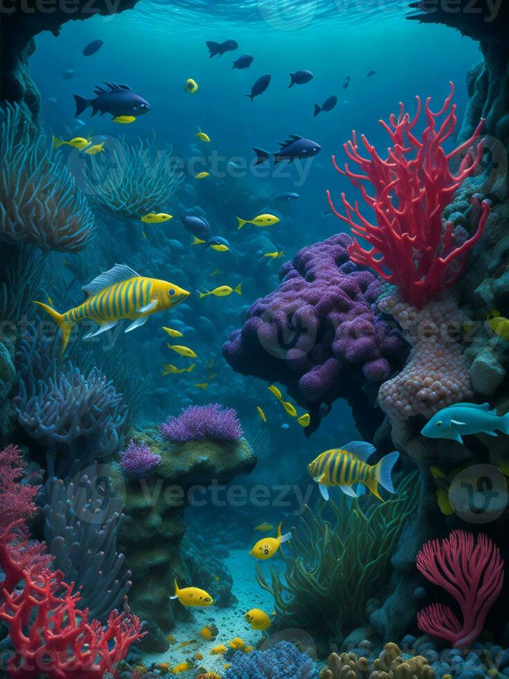 uma colorida embaixo da agua cena com coral e peixe ai gerado foto