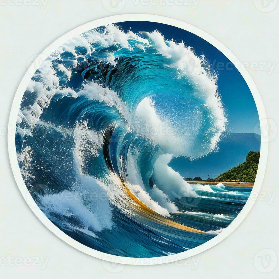 uma ampla onda falhando para dentro a oceano dentro uma circular adesivo ai gerado foto
